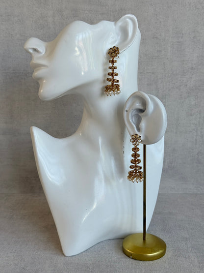 Ayura Designs Adira Jhumkis – Gold Floral Jhumkis with Layered Crystal Rings & Pearl Drops