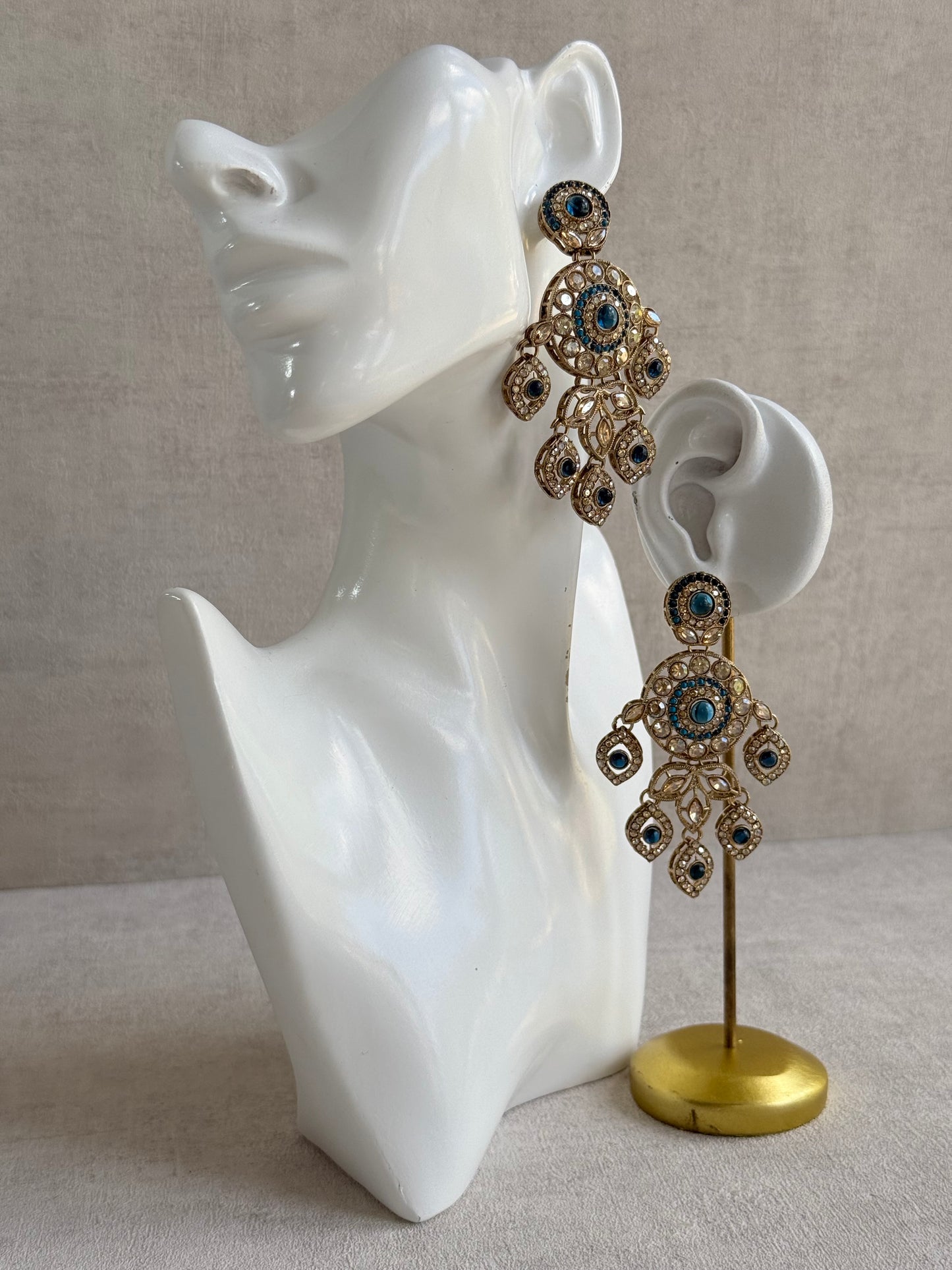 Ayura Designs Vanika Earrings – Sapphire Blue & Champagne Crystal Gold Finish