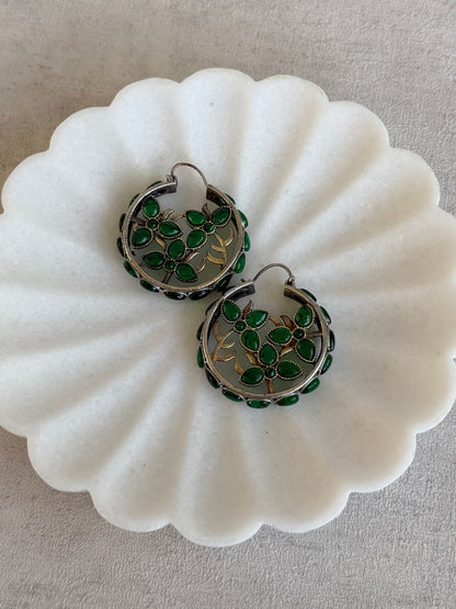 Ayura Designs Nureh Earrings – Dual Tone Floral Hoop Earrings with Emerald Green Stones & Cutwork Detailing