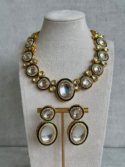 Ayura Designs Sahiba Set – Gold and Emerald Green Kundan Necklace with Oversized Oval Stones and Matching Drop Earrings