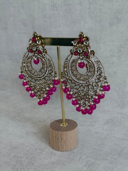 Ayura Designs Rabia Chandbalis – Antique Gold Kundan Earrings with Fuchsia Beads, Pearls & Attached Sahare