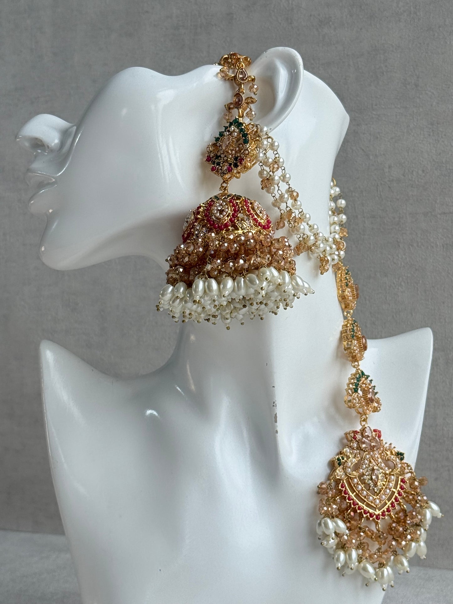Ayura Designs Safia Tikka Set with Sahare Earrings – Champagne Crystals with Ruby & Emerald