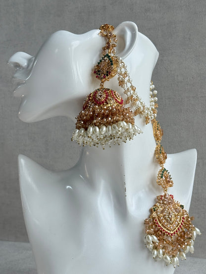 Ayura Designs Safia Tikka Set with Sahare Earrings – Champagne Crystals with Ruby & Emerald