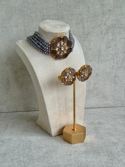 Ayura Designs Yasmin Kundan Choker Set with Studs – Dove Grey Beads & Mirror-Cut Stones