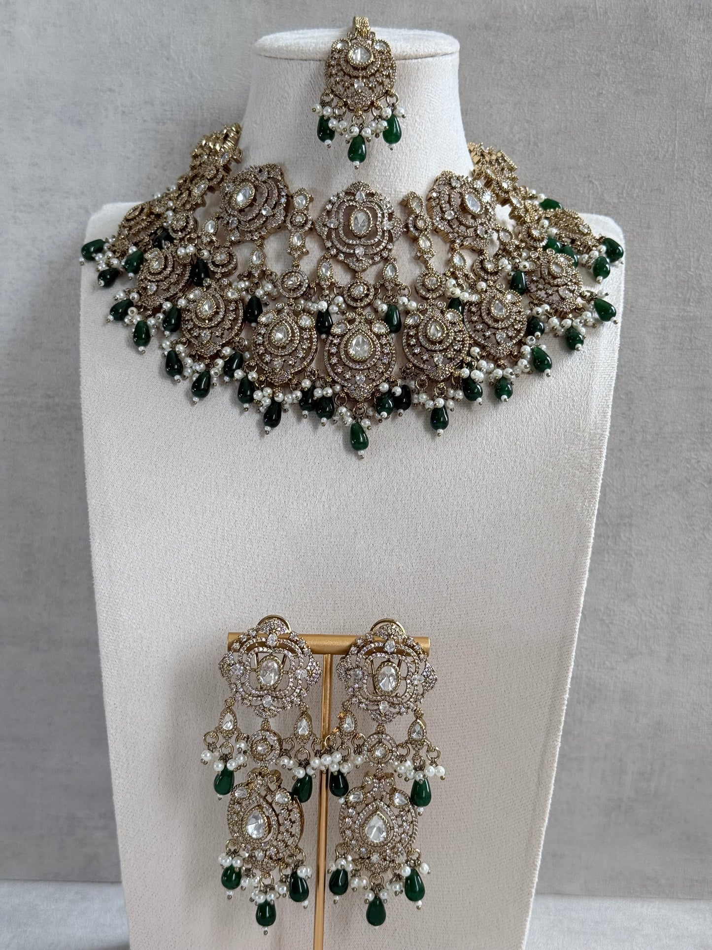 Ayura Designs Fazal Set with Necklace, Earrings & Tikka – Emerald Green Drops, Pearl Detailing & Moissanite Stonework