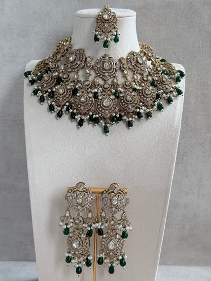 Ayura Designs Fazal Set with Necklace, Earrings & Tikka – Emerald Green Drops, Pearl Detailing & Moissanite Stonework