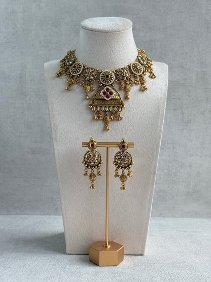 Ayura Designs Kriti Necklace Set with Earrings – Antique Gold Multicolour Kundan Design with Pearls & Ghungroo Detailing