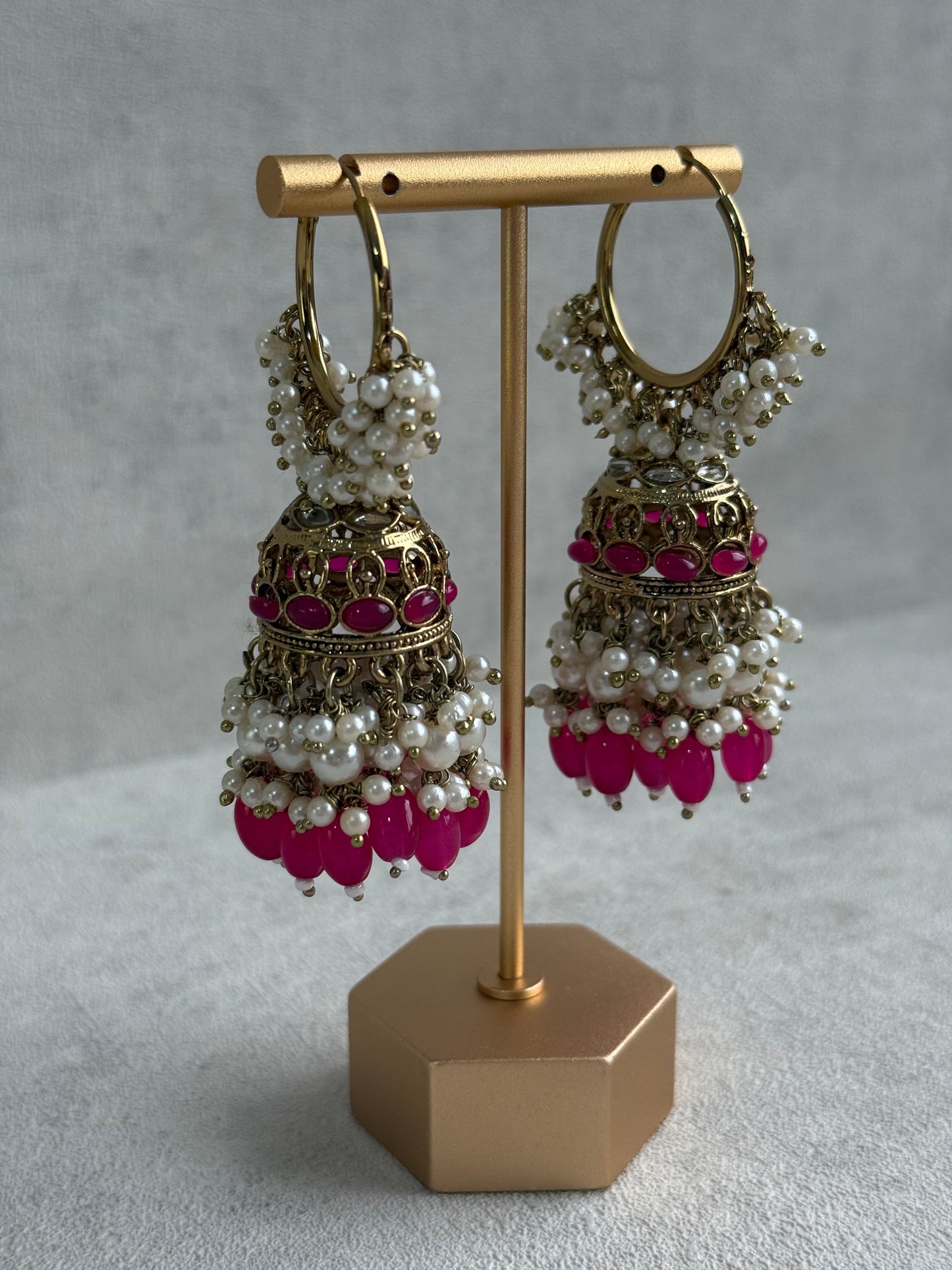 Ayura Designs Jugni Jhumkis – Antique Gold Balis with Fuchsia Beads & Pearl Clusters