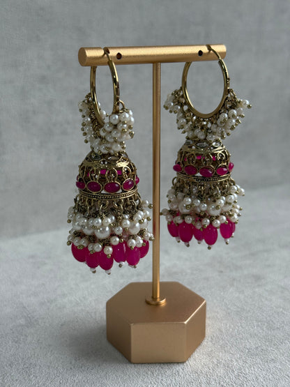 Ayura Designs Jugni Jhumkis – Antique Gold Balis with Fuchsia Beads & Pearl Clusters