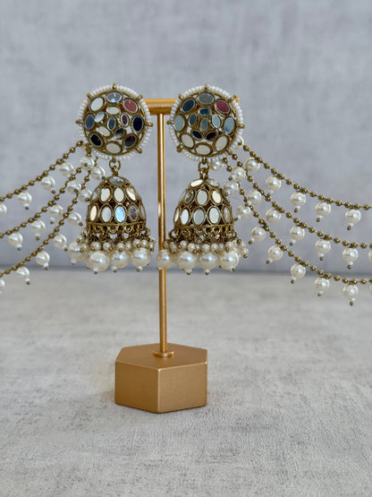 Ayura Designs Aaina Jhumkis with Sahare – Antique Gold Mirror Work & Pearl Earrings