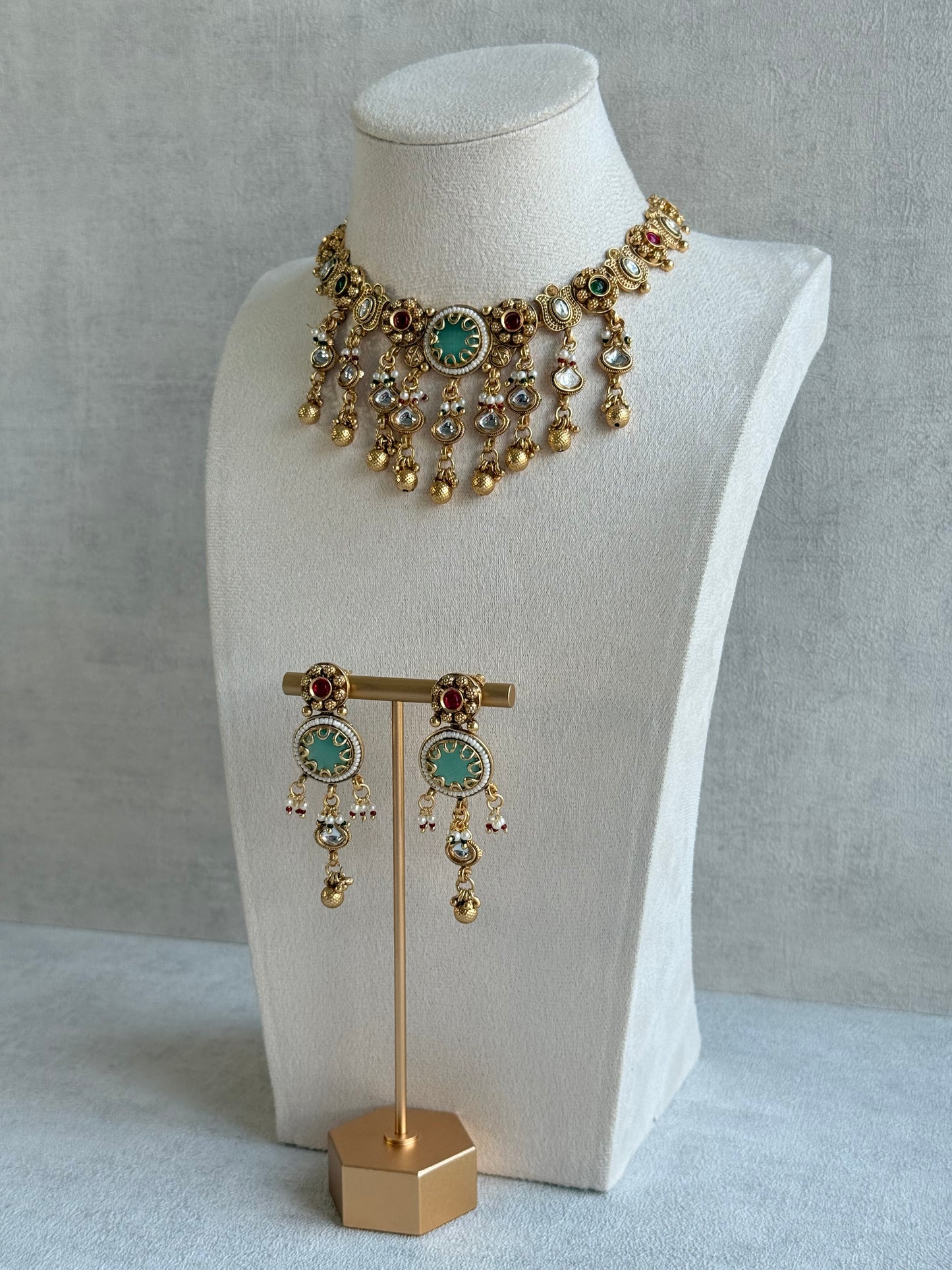 Ayura Designs Abira Necklace Set with Earrings – Kundan, Multicolour Stones, Pearl Detailing & Gold Finish