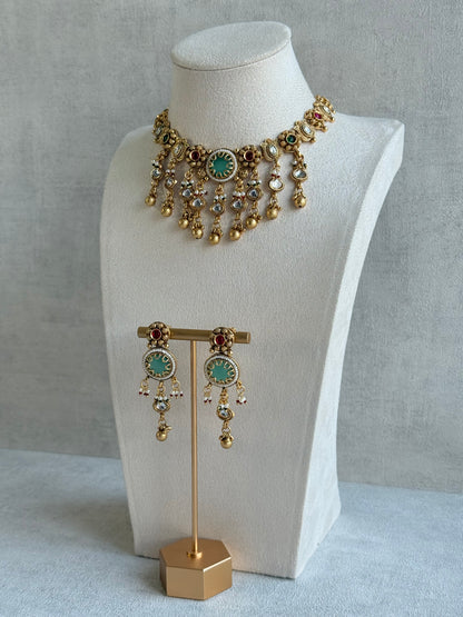 Ayura Designs Abira Necklace Set with Earrings – Kundan, Multicolour Stones, Pearl Detailing & Gold Finish
