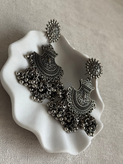 Ayura Designs Mahfar Earrings – Oxidised Silver Jhumkas with Sunburst Tops & Triple Dome Drops
