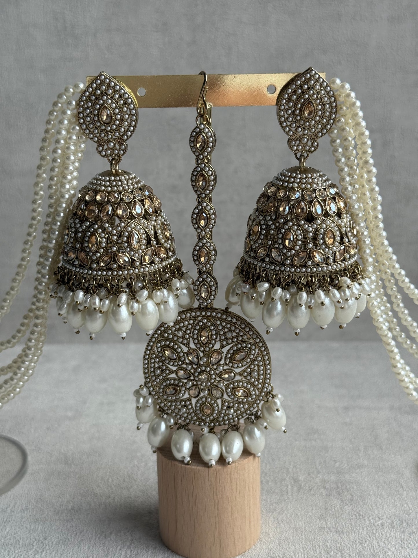 Ayura Designs Amrita Set – Jhumkis with Sahare & Tikka in Ivory Pearls and Antique Gold Finish