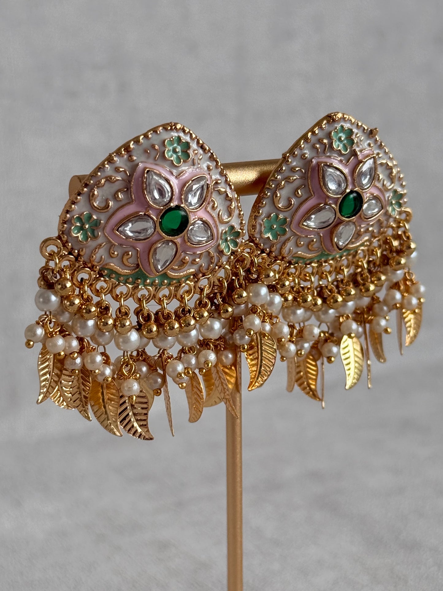 Ayura Designs Rozina Earrings – Floral Meenakari Earrings with Emerald Green Centre Stone, Pearl Clusters & Gold Leaf Charms