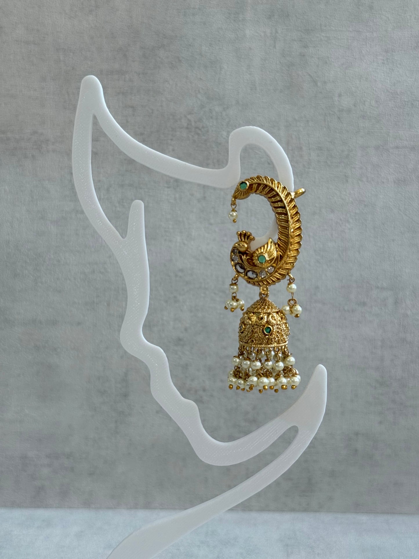 Ayura Designs Mythili Jhumkis – Half Ear Cuffs in Antique Gold with Peacock Design, Emerald Green Stones and Pearl Drops