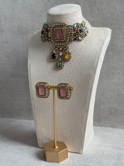 Ayura Designs Nabiha Choker Set with Studs – Blush Pink & Multicolour Stones, Pearl Detailing & Antique Gold Finish
