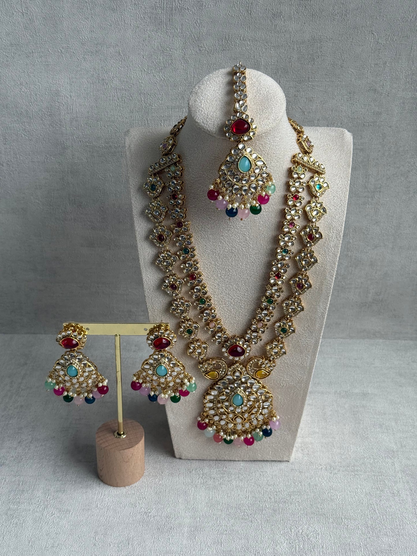 Ayura Designs Javeria Set with Earrings & Tikka – Multicolour Beads, Mirror Kundan & Gold Finish