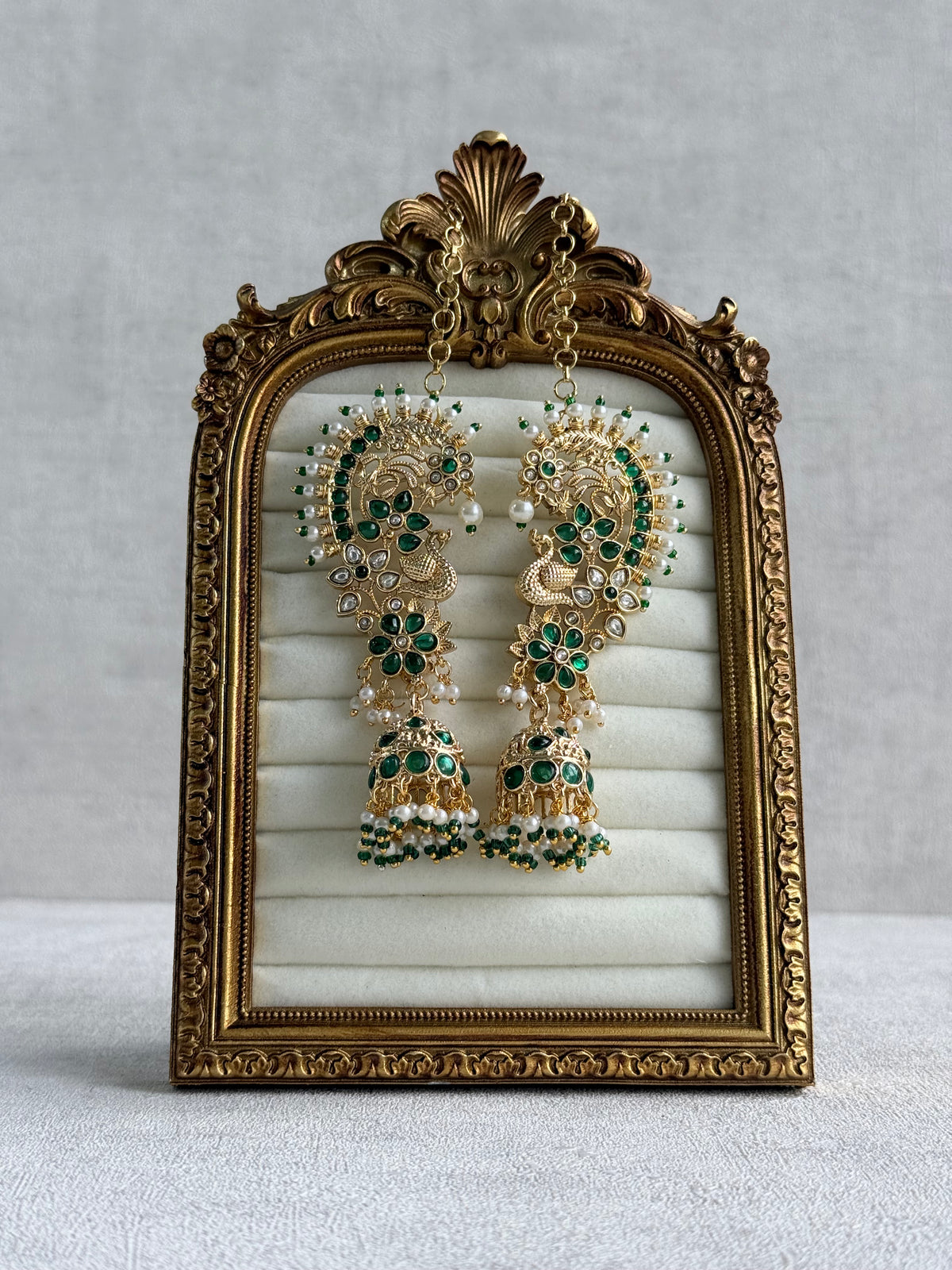 Ayura Designs Nitya Kaanphool Jhumkis – Gold Peacock Motifs, Emerald Green Kundan & Pearl Drops with Attached Sahare