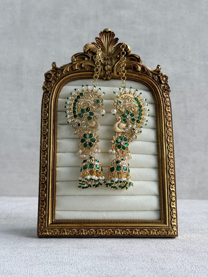 Ayura Designs Nitya Kaanphool Jhumkis – Gold Peacock Motifs, Emerald Green Kundan & Pearl Drops with Attached Sahare