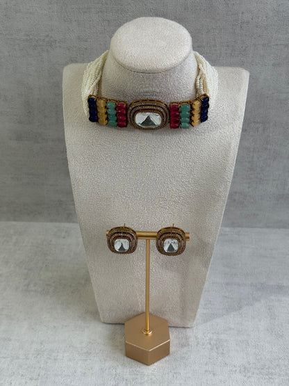 Ayura Designs Emma Choker Set – Multicolour Gemstone Choker & Studs with Mirror-Cut Centrepiece, Pearl Strands & Crystal Borders