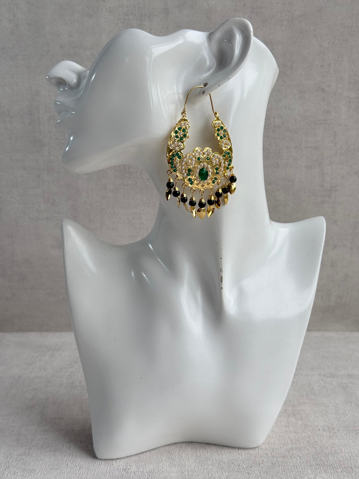 Ayura Designs Nimrat Balis – Emerald Green & Ivory Pearls with Pippal Patti & Gold Finish