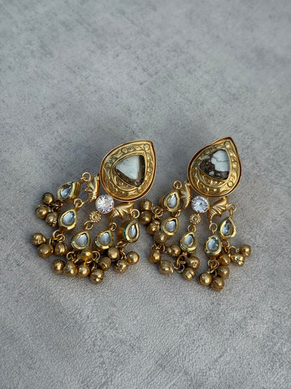 Ayura Designs Arheer Earrings – White & Bronze Marble with Kundan Detailing & Antique Gold Ghungroos