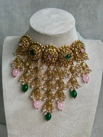 Ayura Designs Zahara Choker Set with Earrings & Tikka – Exquisite Gold Adorned with Pink & Green Gemstones