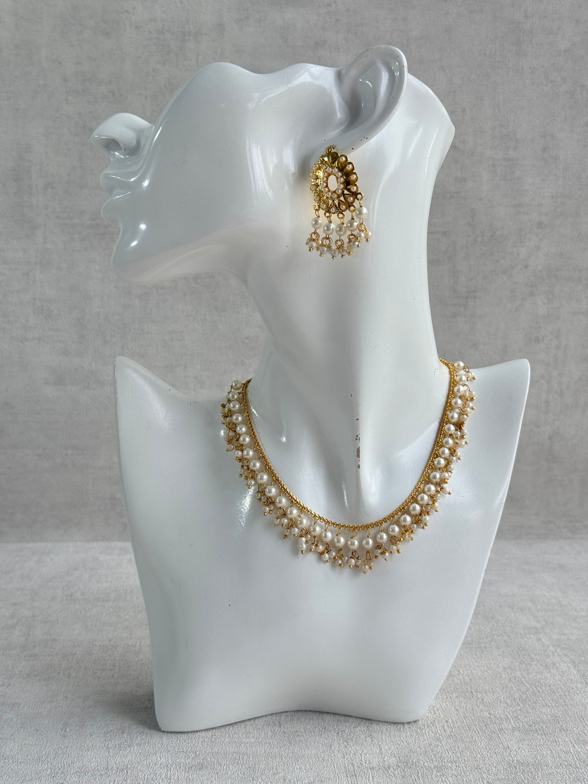 Ayura Designs Tarz Necklace Set with Earrings – Gold Pearl Layered Fringe Design with Pearl Drops