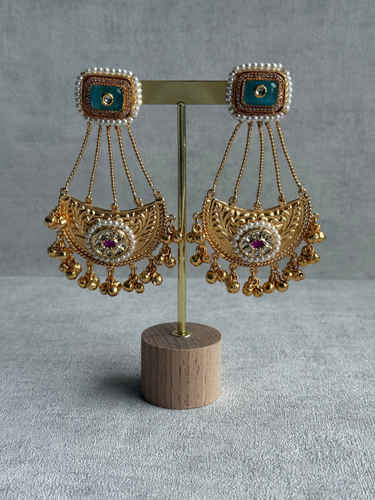 Ayura Designs Jheel Earrings – Turquoise Half-Moon Drops with Pearl Edging & Golden Ghungroos