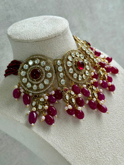 Ayura Designs Harper Set – Antique Gold Choker & Earrings with Deep Berry Pink Beads, Kundan Stones & Pearl Detailing
