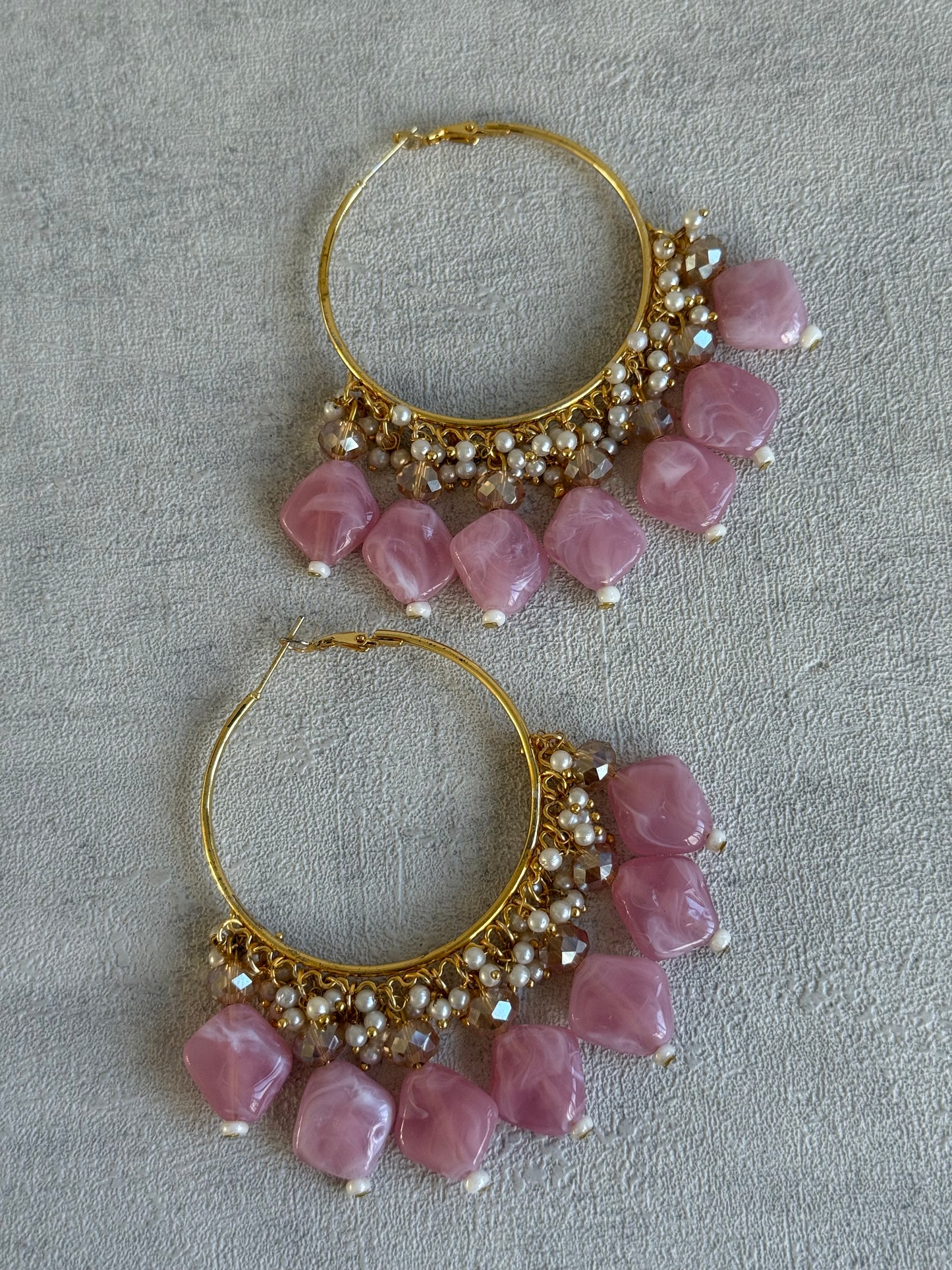 Ayura Designs Heer Balis – Gold Hoops with Baby Pink Marble Beads, Pearls & Crystal Detailing