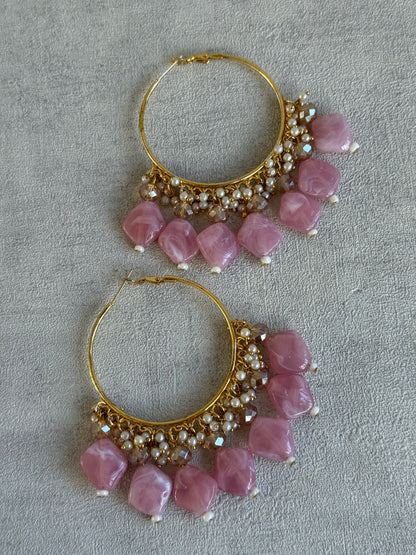 Ayura Designs Heer Balis – Gold Hoops with Baby Pink Marble Beads, Pearls & Crystal Detailing