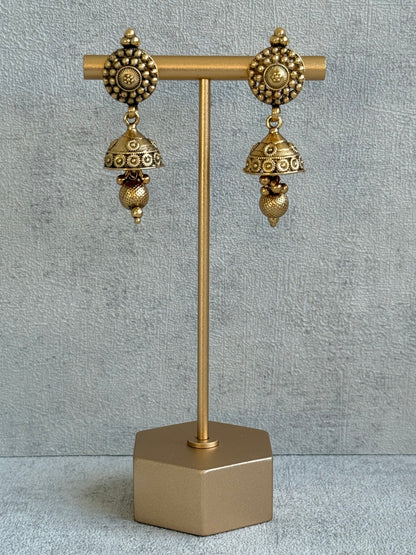 Ayura Designs Reet Set with Necklace & Jhumkis – Antique Gold with Textured Floral Motifs & Dome Drops