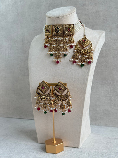 Ayura Designs Samera Choker Set with Earrings & Tikka – Rani Pink & Emerald Green Beads, Pearl Detailing, Green Centre Stone, Floral Motifs & Antique Gold Finish
