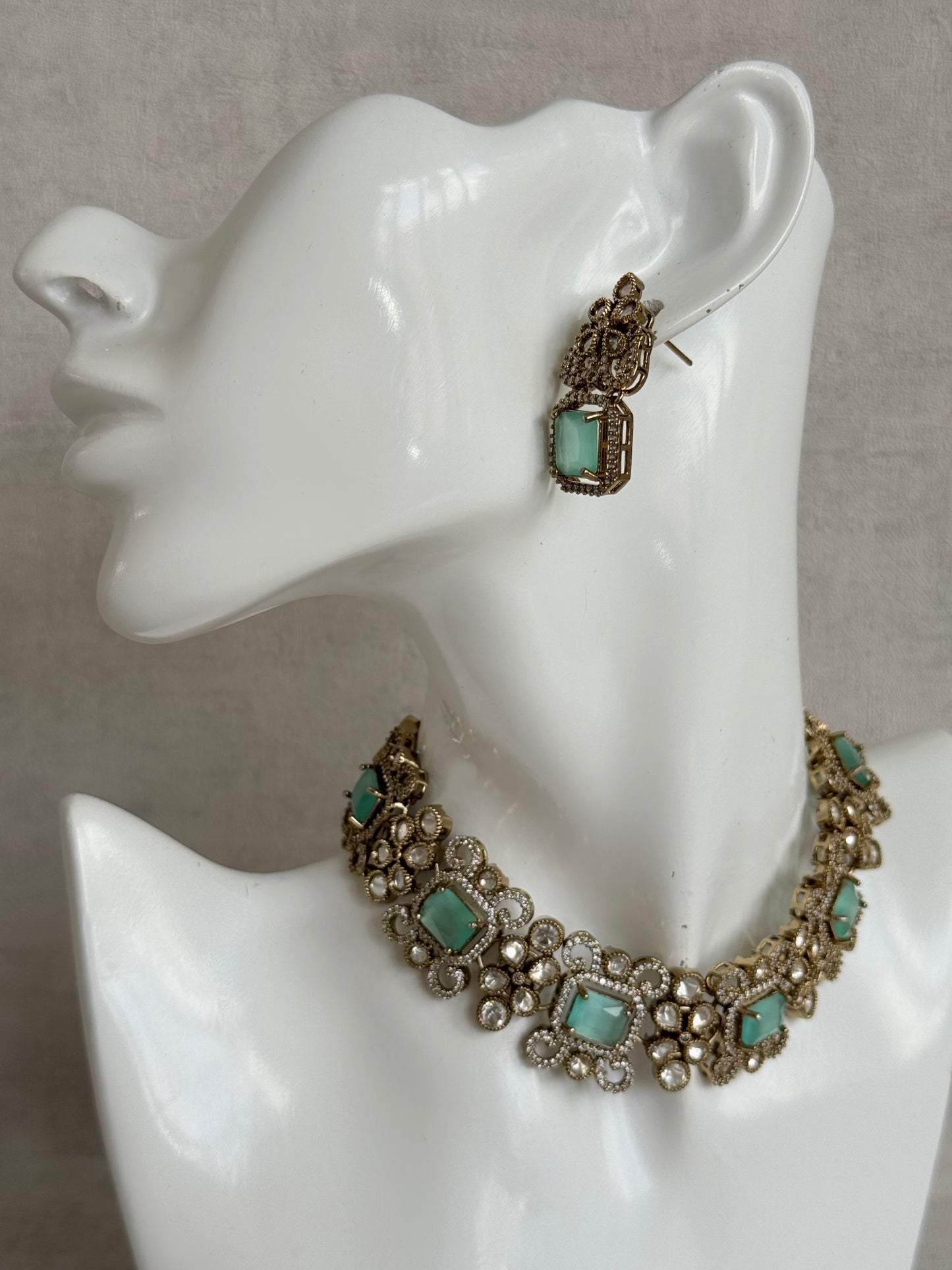 Ayura Designs Celine Necklace Set with Earrings – Moissanite Mint Green Statement Set