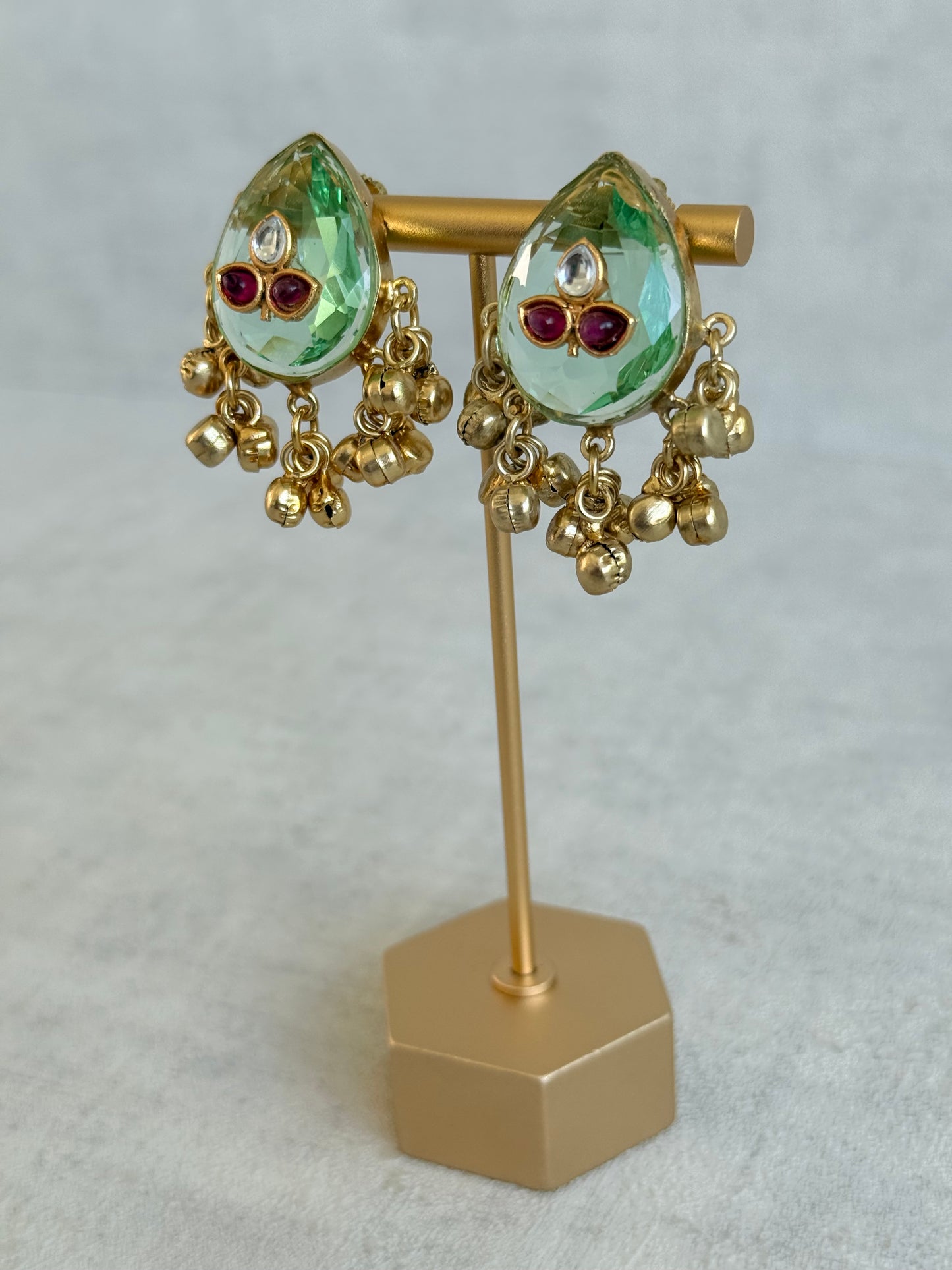 Ayura Designs Aykai Earrings – Pistachio Teardrop Stud Earrings with Clear Kundan Stones and Gold Ghungroo Drops