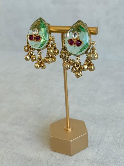 Ayura Designs Aykai Earrings – Pistachio Teardrop Stud Earrings with Clear Kundan Stones and Gold Ghungroo Drops