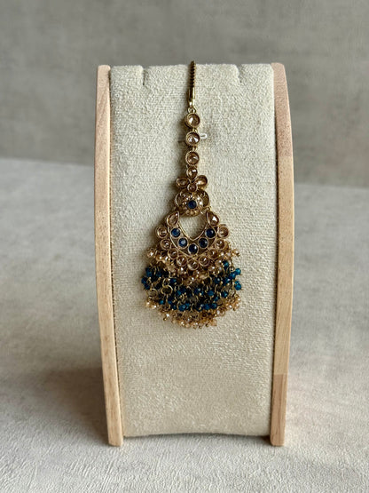 Ayura Designs Mahreen Set – Necklace, Jhumkis & Tikka with Mirror-Cut Stones, Peacock Blue Beads & Gold Finish