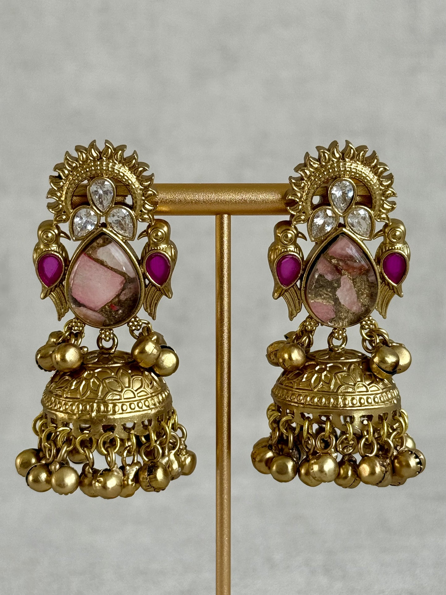 Ayura Designs Avleen Earrings – Rose Pink Marble with Antique Gold Jhumkis