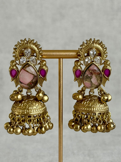 Ayura Designs Avleen Earrings – Rose Pink Marble with Antique Gold Jhumkis
