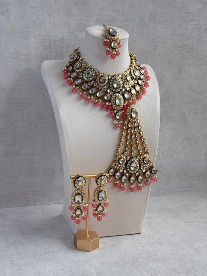 Ayura Designs Jashan Set with Necklace, Earrings, Tikka & Passa – Kundan Detailing, Pearl Drops & Blush Peach Beads