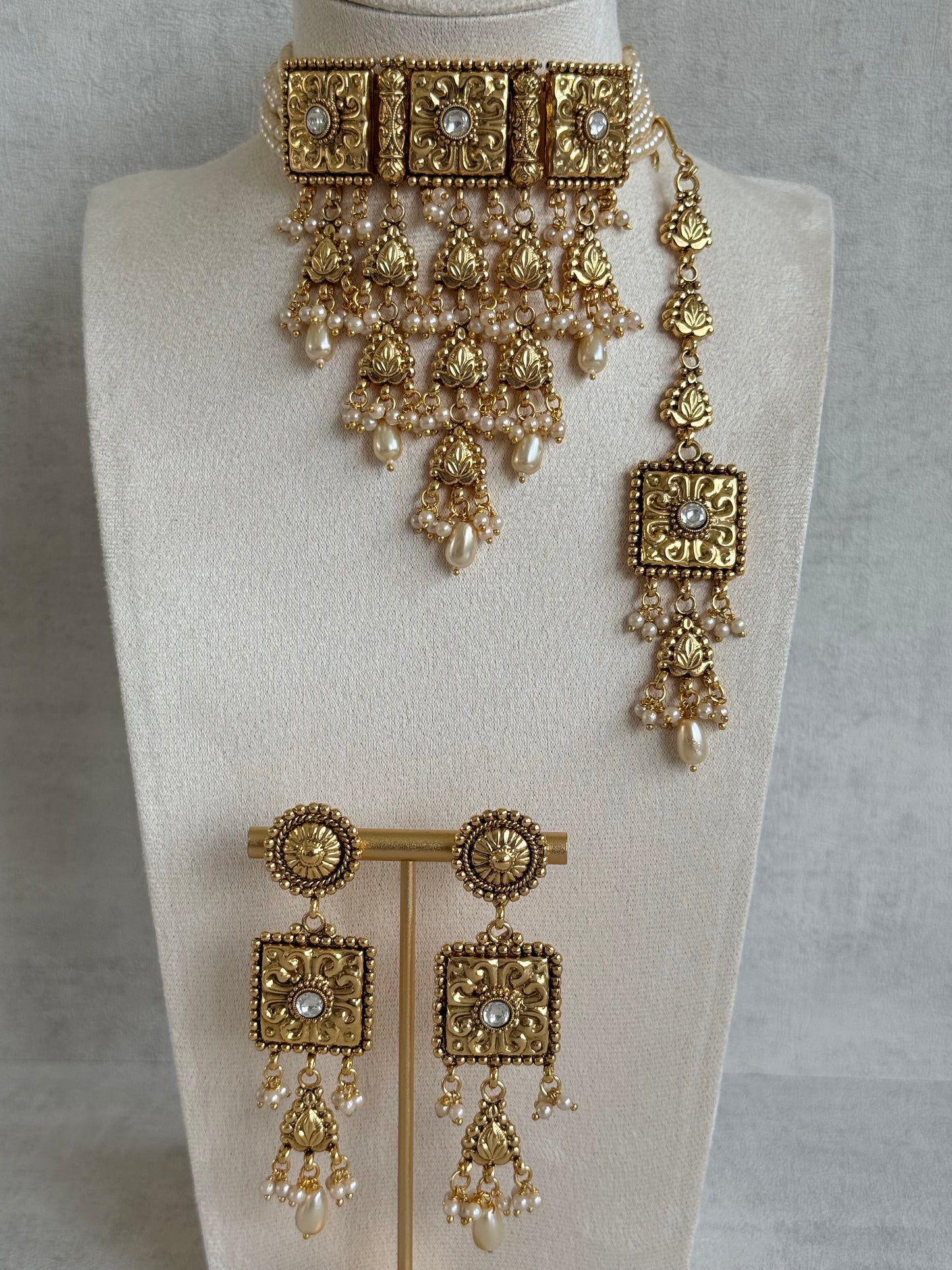 Ayura Designs Nimrah Choker Set with Earrings & Tikka – Ivory Pearl Gold Tone Waterfall Jewellery Set