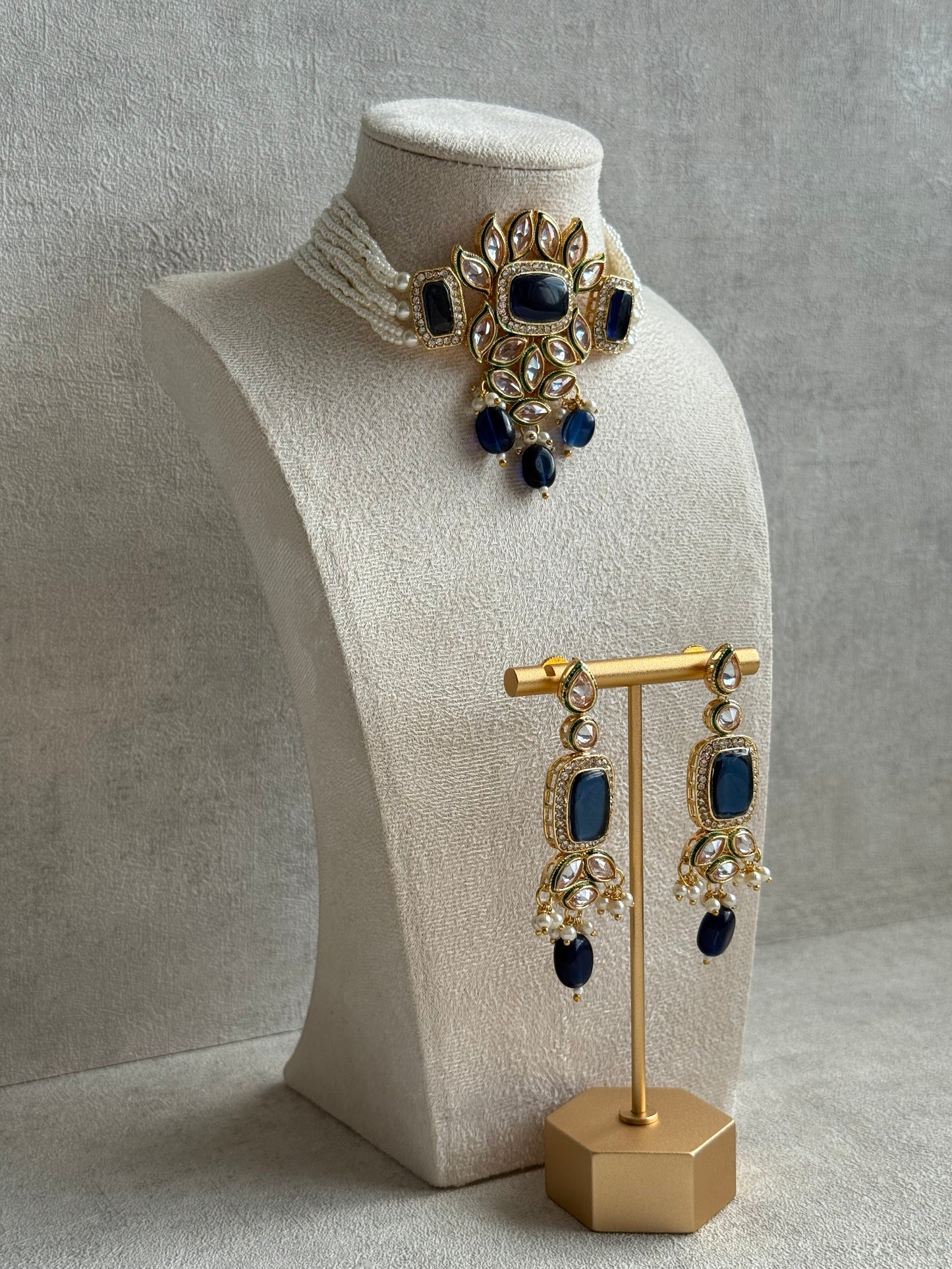 Ayura Designs Raaz Set with Necklace & Earrings – Ink Blue Stones, Kundan Detailing & Antique Gold Finish