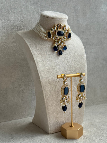 Ayura Designs Raaz Set with Necklace & Earrings – Ink Blue Stones, Kundan Detailing & Antique Gold Finish