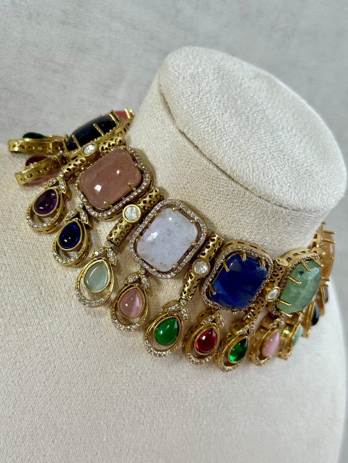 Ayura Designs Adelaide Necklace Set with Earrings – Multicolour Moissanite with Blue Stone Drop Earrings