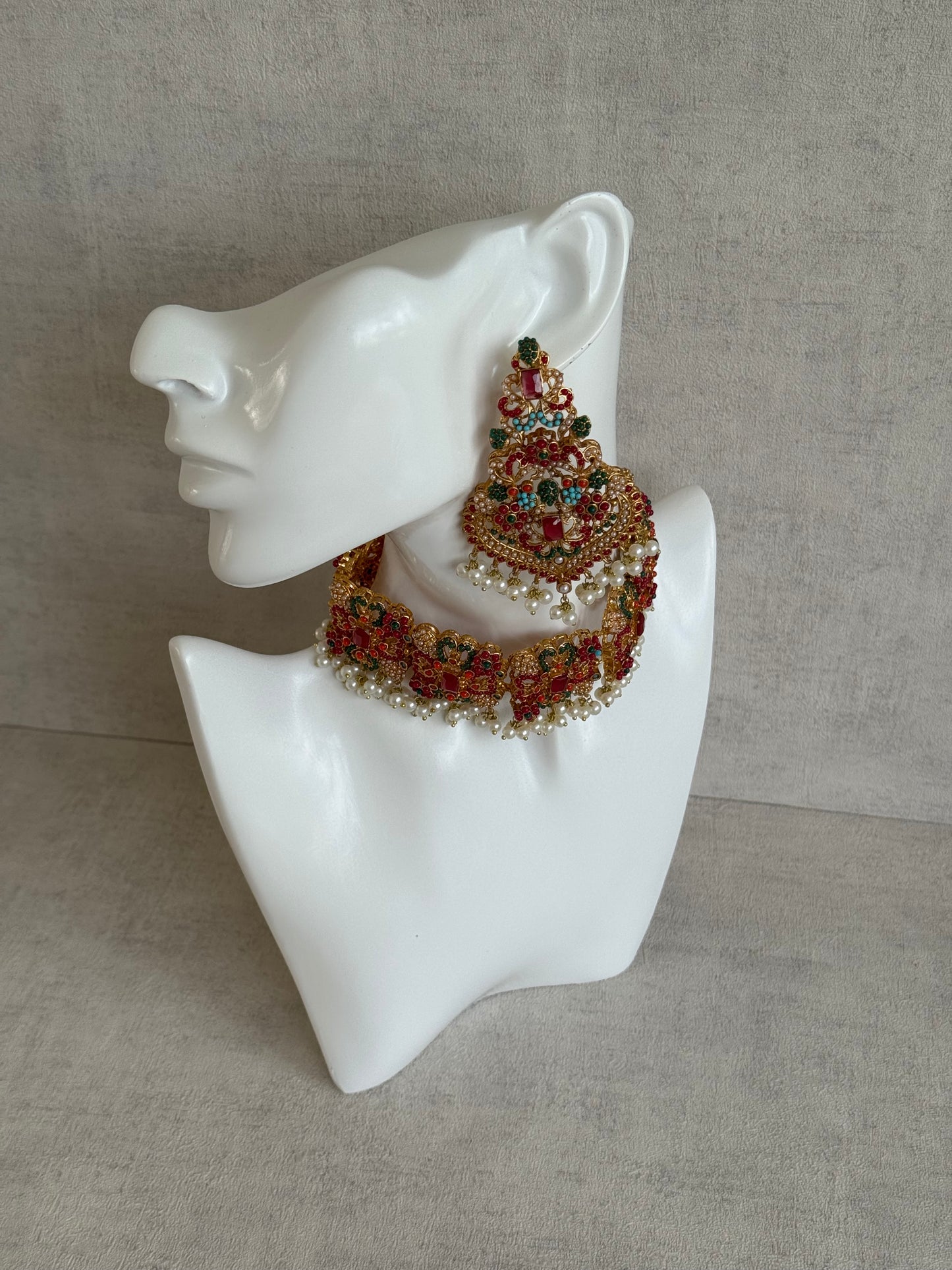 Ayura Designs Mahnoor Navratan Choker Set with Earrings & Tikka – Antique Gold Finish, Multicolour Enamel & Pearl Detailing