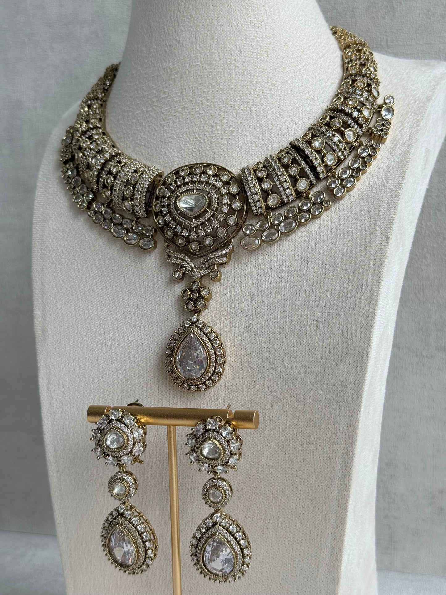 Ayura Designs Ahana Necklace Set with Earrings – Crystal Teardrop Stones & Moissanite Detailing