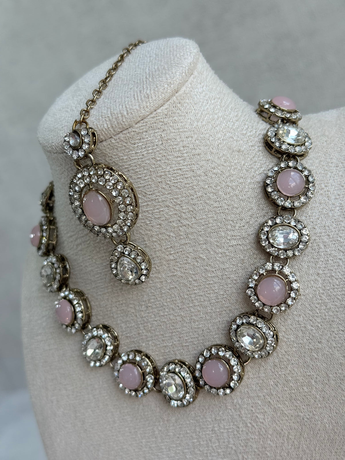 Ayura Designs Eira Necklace Set with Earrings & Tikka – Blush Pink & Crystal Stones with Antique Gold Finish