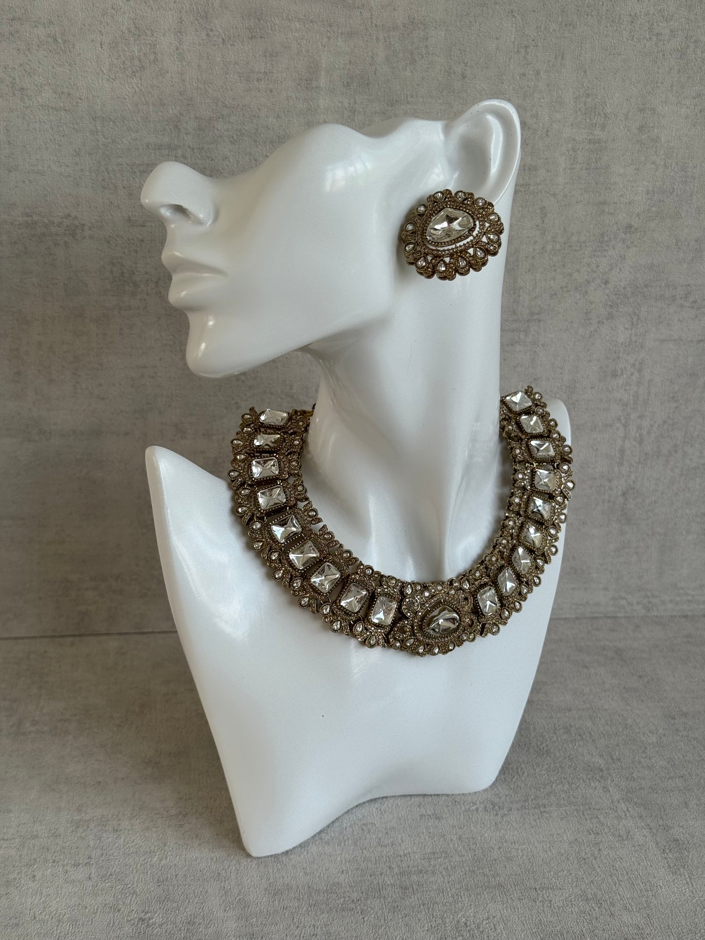 Ayura Designs Riva Set with Necklace, Studs & Tikka – All-Mirror Stones in Antique Gold